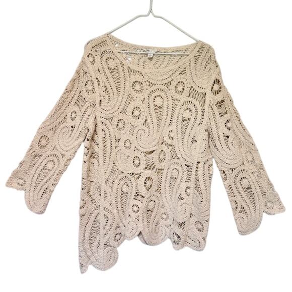 Womens Open Knit Crochet Paisley Sweater Large Cottagecore Oatmeal Boho - Picture 1 of 12